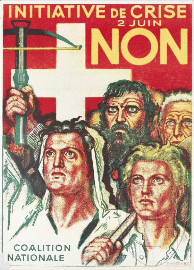 Ein Plakat für die Initiative Coalition Nationale mit einer Gruppe von Menschen, die einen Hammer und eine Sichel halten, und Text, der Informationen über die Organisation und ihre Mission enthält.