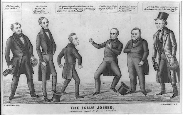 Ein Schwarz-Weiß-Cartoon von einer Gruppe von Männern, die zusammenstehen, einer hält einen Hut, mit der Aufschrift "The Issue Joined".