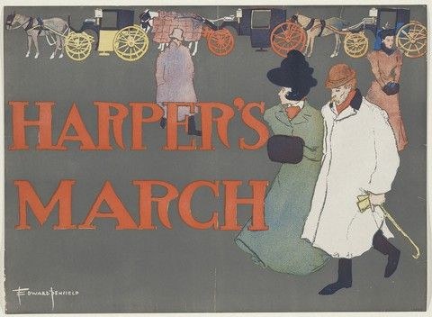 Poster advertising Harper's March, showing a group of people and horse-drawn carts with text providing event details.