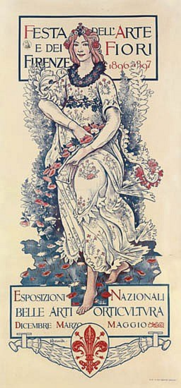 Plakat für ein italienisches Festival, das eine Frau in einem langen weißen Kleid mit einem hohen Kragen, einem Dutt und einem sanften Ausdruck zeigt, vor einem hellblauen Hintergrund mit fetter schwarzer Schrift.