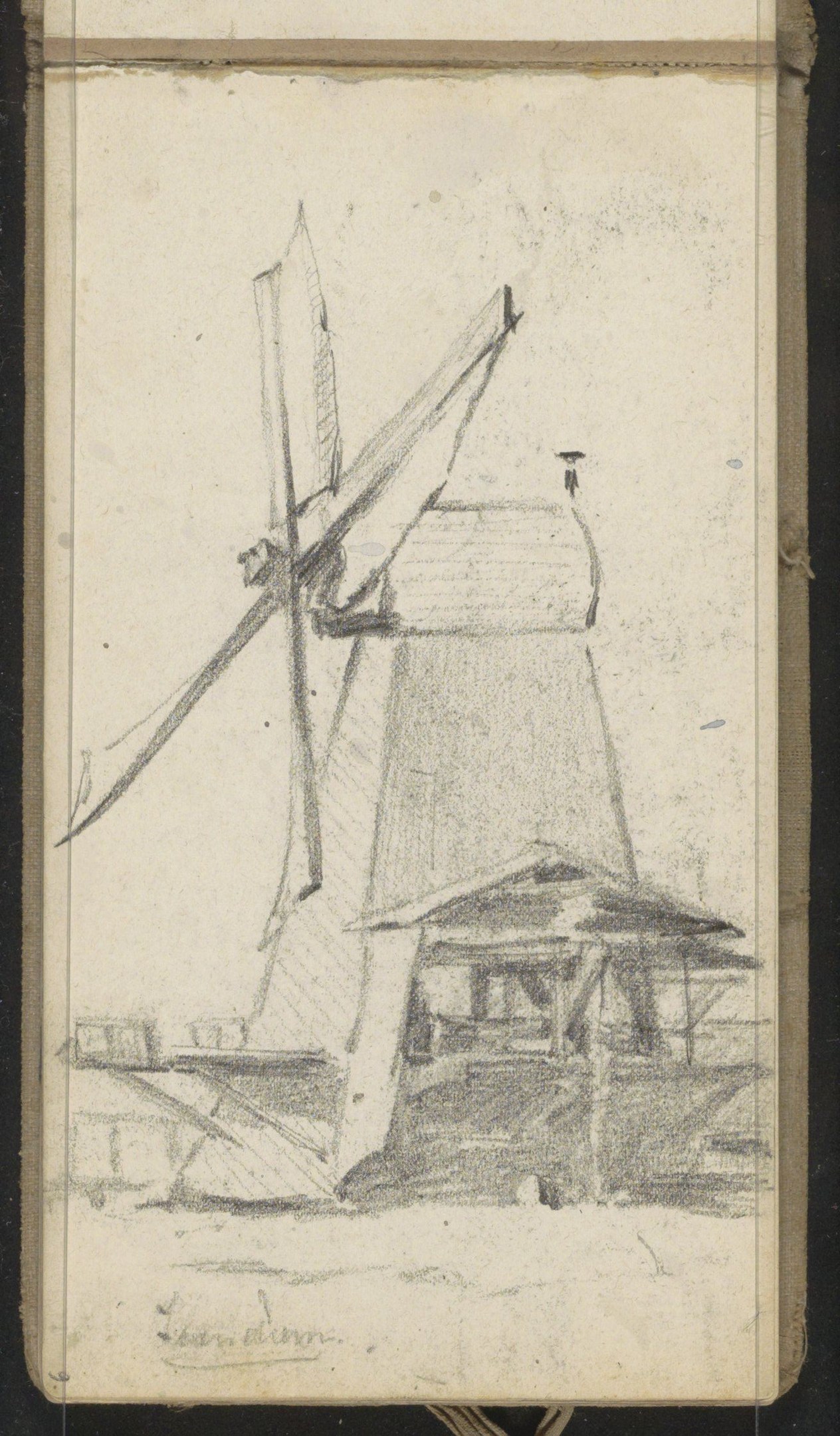 A realistic drawing of a windmill with billowing sails on a black background, created by Jean-Honoré Fragonard between 1797 and 1827.