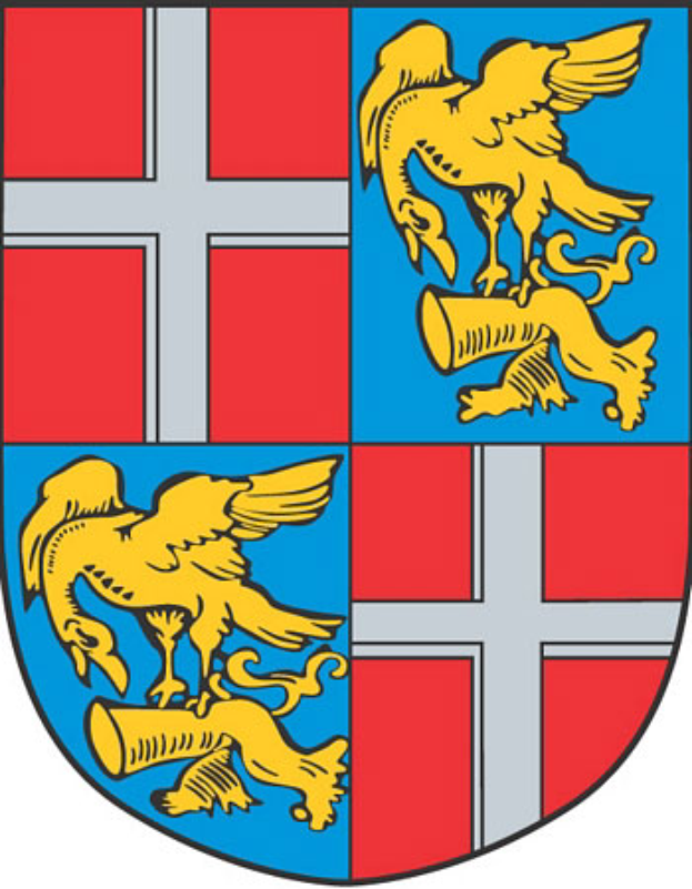 Das Wappen von Stuttgart, Deutschland, zeigt einen Schild mit zwei Löwen zu beiden Seiten eines goldenen Kreuzes, das in eine rote obere Hälfte und eine blaue untere Hälfte geteilt ist.