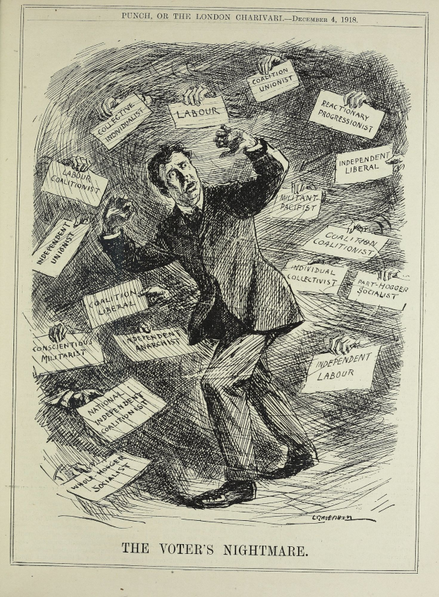 Ein Blatt mit einer Zeichnung eines Mannes im Anzug und Krawatte, der ein Schild hält, auf dem "Der Albtraum des Wählers" steht, mit entschlossener Miene.