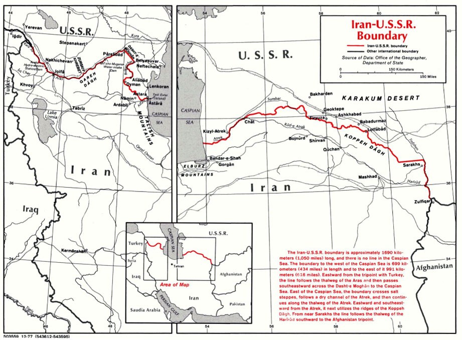 Detailed map poster of the Iranian-USSR boundary with geographical features and border information, accompanied by explanatory text.