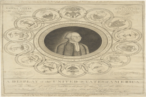 A portrait of George Washington centered on a document displaying U.S. history with text and images.