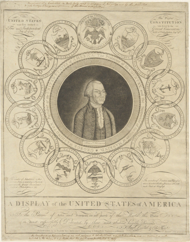A portrait of George Washington centered on a document displaying U.S. history with text and images.