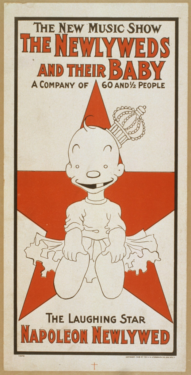 Plakat für "The New Music Show: The Newlyweds and Their Baby" mit einer Cartoon-Baby in einem weißen Strampler mit einer pinken Schleife, das gegen einen hellblauen Hintergrund mit Sternen lächelt.