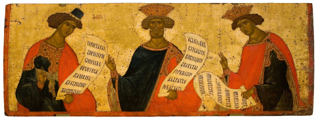 Drei Könige der Kirche des Heiligen Grabes, jeder haltend ein Banner mit Text, nebeneinanderstehend vor einem goldenen Halo-Hintergrund in einem leuchtenden, detaillierten Gemälde.