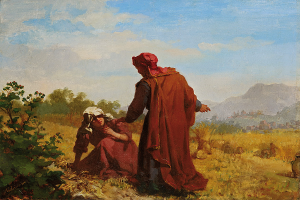 Ein Gemälde mit dem Titel "Die Farmersfrau" von Jean-Baptiste-Camille Corot aus dem Jahr 1872, das einen Mann und eine Frau in einem Feld umgeben von Pflanzen, Gras, Bäumen, Hügeln und einer bewölkten Himmel zeigt.
