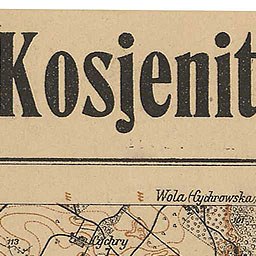 Old book titled "Kosjenit" with a detailed map of Wola, Poland, including streets, buildings, and landmarks.