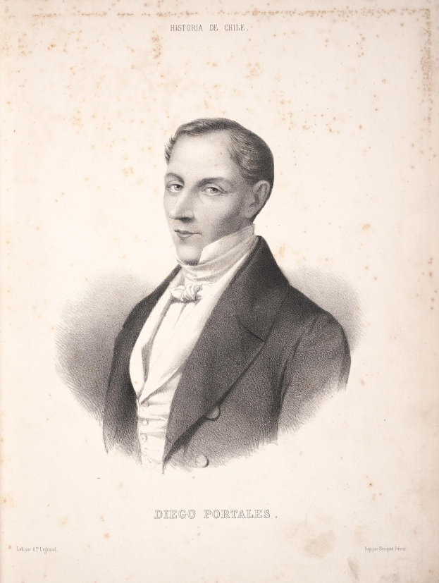 Schwarz-weiß-Zeichnung von Diego Portales, ein Mann in einem Anzug, mit Text auf seinem Papier, der seine Rolle in der mexikanischen Revolution Bezug nimmt.