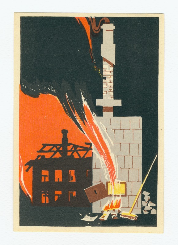 Ein Plakat, das ein baufälliges Gebäude zeigt, das von hellorangeen und gelben Flammen umgeben ist, mit Rauch, der nach oben steigt, gegen einen weißen Hintergrund, mit zerbrochenen Fenstern und Schutt, der herumliegt.