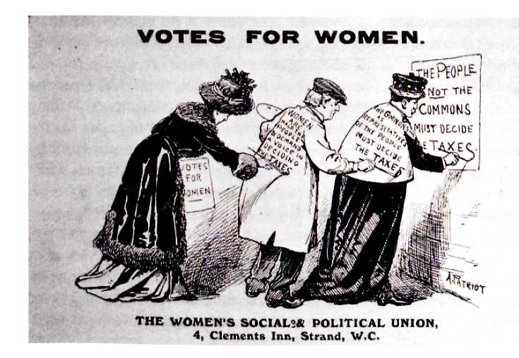 Cartoon von drei Frauen in traditioneller Kleidung, die ein Papier halten, auf dem steht: 'Stimmen für Frauen: Die Women's Social & Political Union' vor einem hellblauen Himmel mit weißen Wolken.