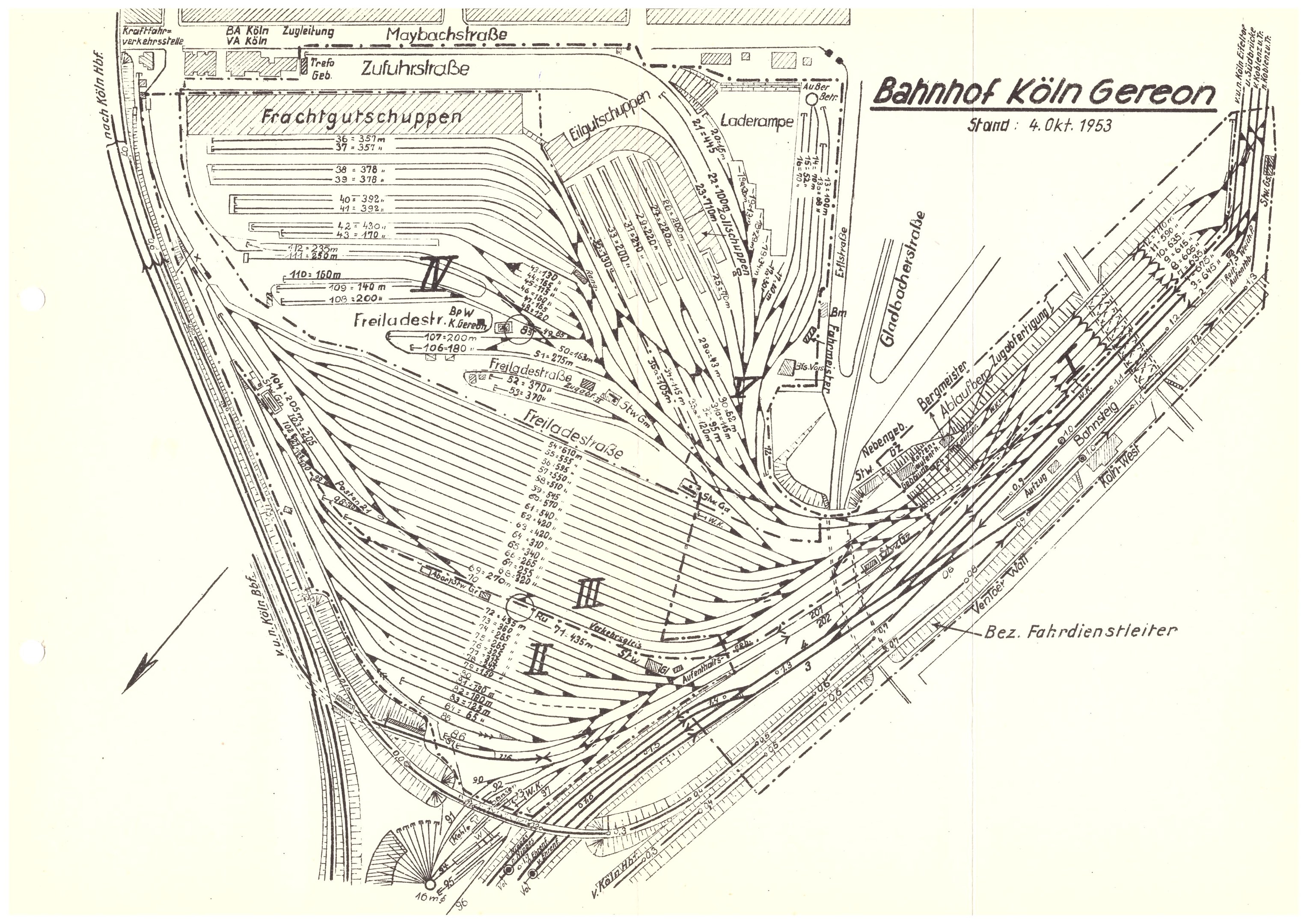 Black and white 1883 map of Cologne, Germany, showing the city layout with roads, buildings, and the "Bahnhof Köln Gereon" train station.