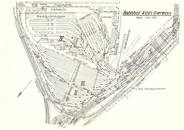 Black and white 1883 map of Cologne, Germany, showing the city layout with roads, buildings, and the "Bahnhof Köln Gereon" train station.