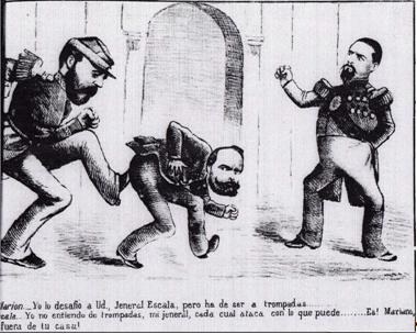 Cartoon-Illustration eines Mannes in Anzug, der von zwei Männern in Anzug gegen eine Wand gezerrt wird, mit fetter Schrift, die unten 'Cartel de Español' liest.
