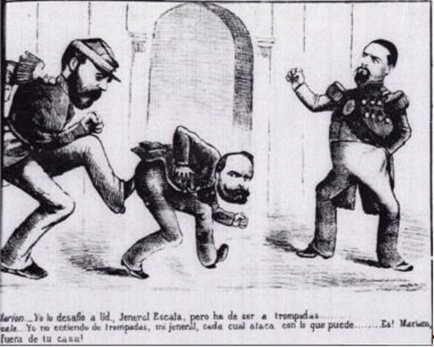 Cartoon-Illustration eines Mannes in Anzug, der von zwei Männern in Anzug gegen eine Wand gezerrt wird, mit fetter Schrift, die unten 'Cartel de Español' liest.