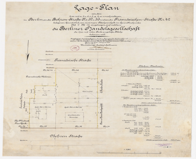 A yellowed historical document featuring a floor plan of the Berliner Handelagellachaft building, accompanied by text and a left-side stamp.