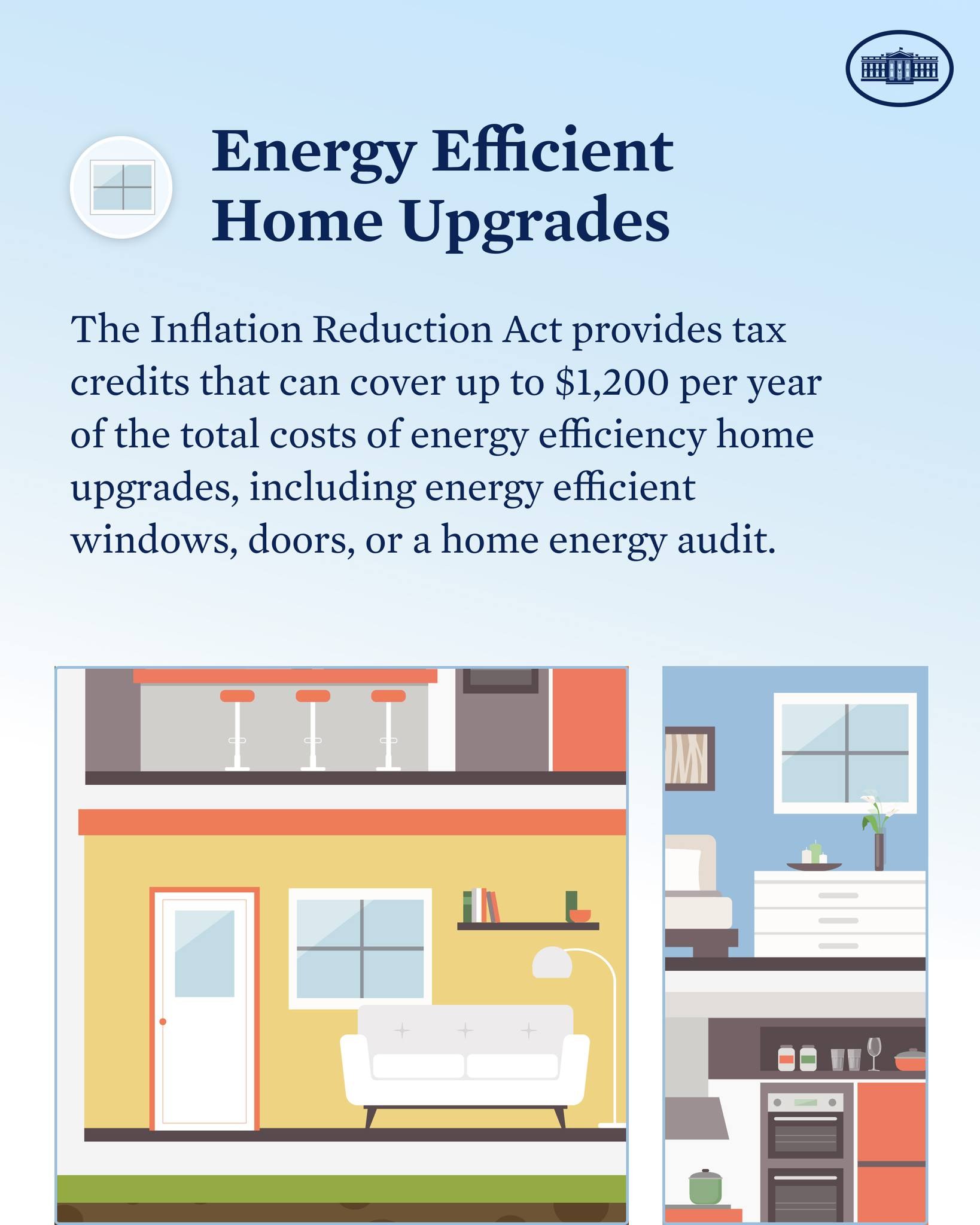 Plakat mit der Aufschrift "Energieeffiziente Heimverbesserungen" mit einer Aufzählung von Steuergutschriften für Energieeffizienzverbesserungen, das Bilder eines Hauses, einer Couch, einer Lampe, eines Schranks, einer Vase und anderer Gegenstände zeigt.
