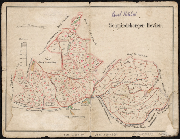 Detailed old map of Langerbruch, Germany, highlighting Schneiderläderkirche in the center, with streets, buildings, and surrounding area.