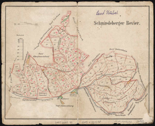 Detailed old map of Langerbruch, Germany, highlighting Schneiderläderkirche in the center, with streets, buildings, and surrounding area.