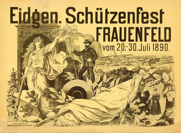 Plakat für das Eidgen Schützenfest in Frauenfeld, Deutschland, mit einem Mann im Anzug und einer Frau im Kleid sowie Ereignisinformationen im Text.