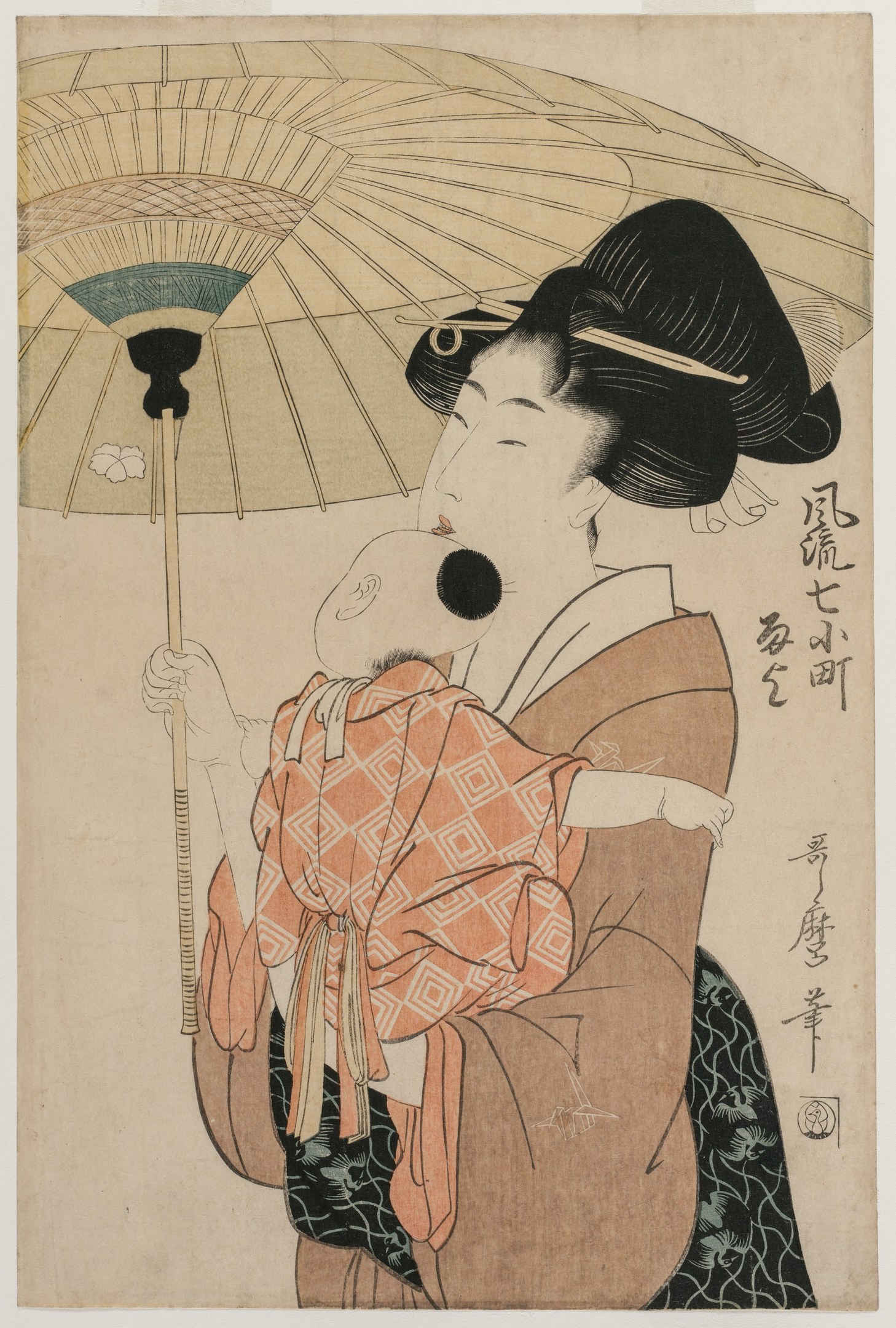 A woman in a kimono holds a baby in one arm and an umbrella in the other, with both appearing calm and affectionate; the text identifies the artwork as Utagawa Kunisada Toyokuni III/Kuniyoshi III/Ukiyo-e.
