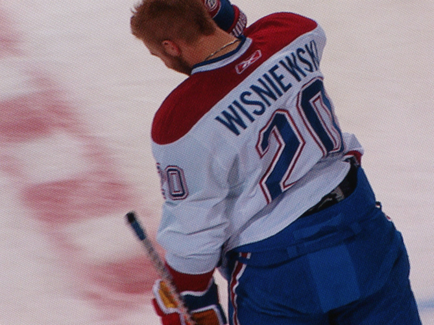 Professioneller Hockey-Spieler mit einem "Wisniewski"-Trikot, der einen Hockey-Schläger auf dem Eis hält und konzentriert schaut.