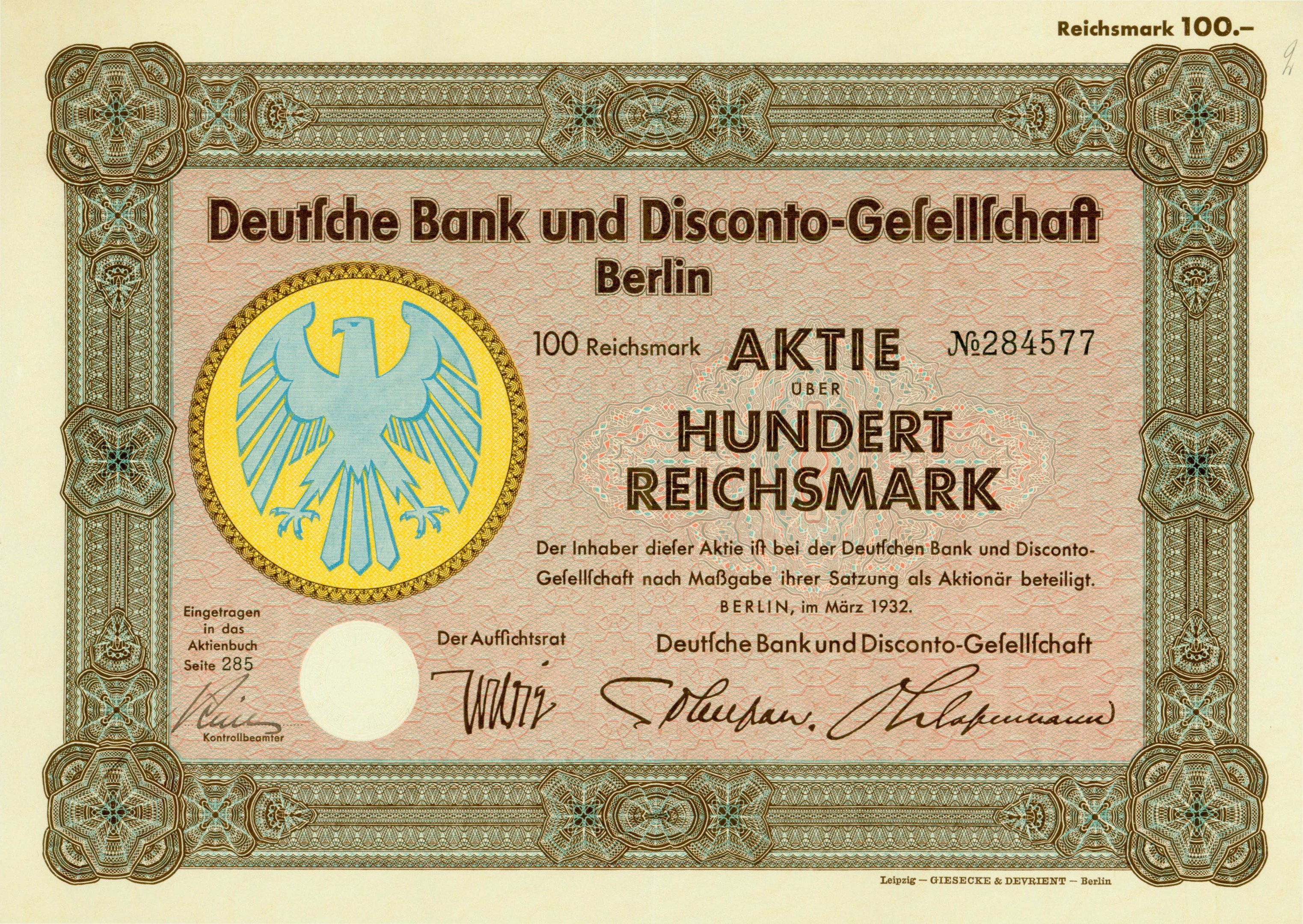 Old German banknote featuring a bird illustration and the text "Deutsche Bank und Disconto-Gefellichaft Berlin".