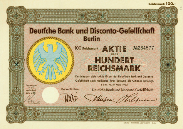 Old German banknote featuring a bird illustration and the text "Deutsche Bank und Disconto-Gefellichaft Berlin".
