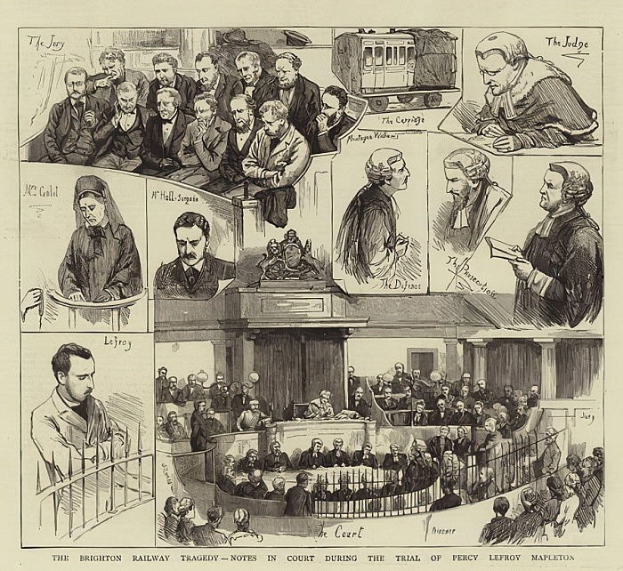 Schwarzes und weißes Gerichtsszenario mit einer Gruppe von sitzenden Menschen, einer stehenden Person mit einem Buch und einem Zug im Hintergrund, betitelt 'The Brighton Railway Tragedy - Notes in Court During the Trial of Percy Leffroy Mapleton' unten.