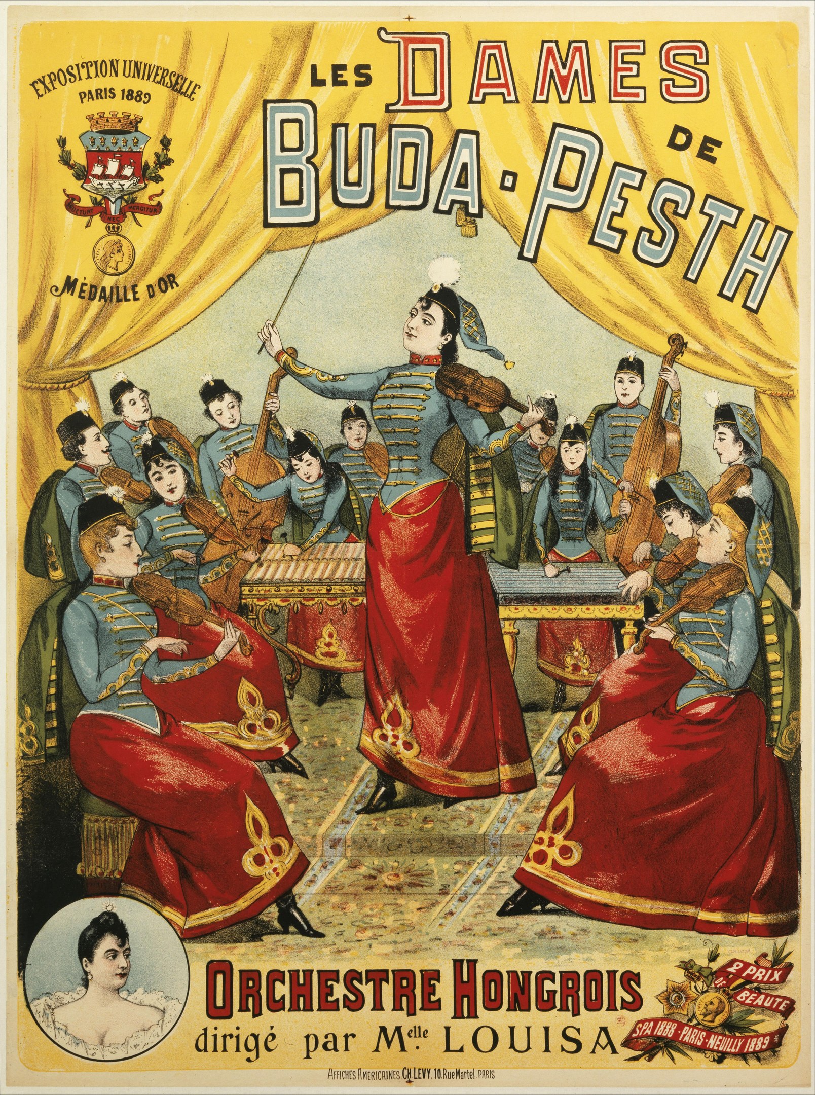 Poster for the Dames de Buda-Pesth Orchestra Hongrois featuring a group of musicians and a central female performer with text describing the performance.