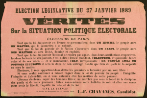 Ein altes Plakat mit den Worten "Vérités sur la Situation Politique Electorale" in weißer Schrift auf einem schwarzen Hintergrund.
