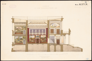 Ein detailliertes Bild eines Opernhauses von außen, geschmückt mit kunstvollen Architekturdetails und farbenfrohen Malereien, die das Innere zeigen, begleitet von beschreibendem Text.