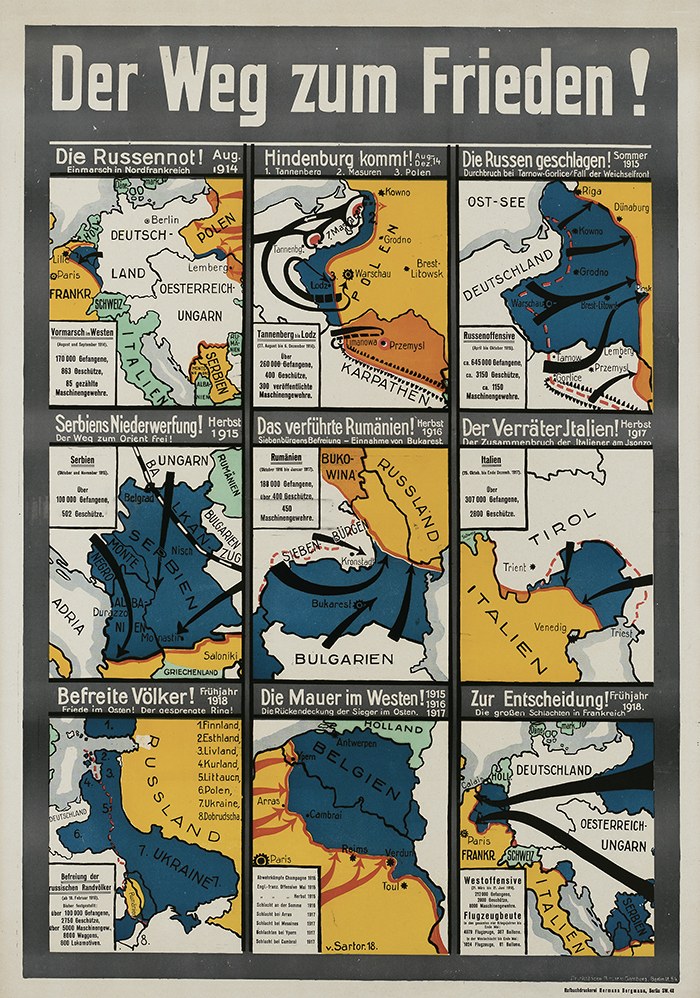 Poster titled "Der Weg zum Frieden" featuring a colorful map of Germany with various symbols and bold text.