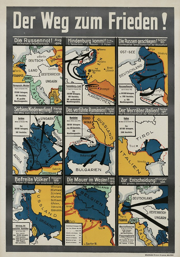 Poster titled "Der Weg zum Frieden" featuring a colorful map of Germany with various symbols and bold text.