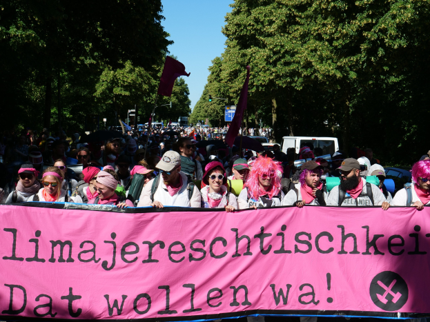 Gruppe von Menschen marschiert die Straße entlang und hält eine pinkfarbene Banner mit der Aufschrift 'Frauenmarsch in Berlin', wobei einige Mötze und Schutzbrillen tragen, andere Fahnen halten, vor dem Hintergrund von Bäumen, Fahrzeugen und Himmel.