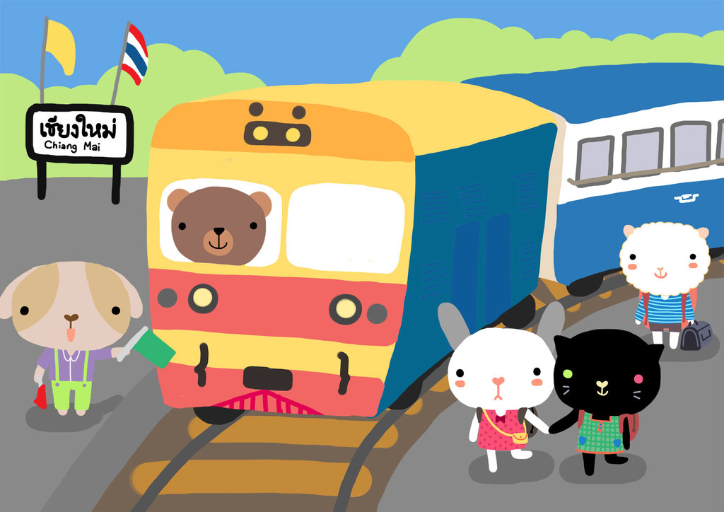 Ein animiertes Bild mit Cartoon-Tieren, einem Zug in der Mitte, Bäumen und einem Schild im Hintergrund mit zwei daran befestigten Flaggen.