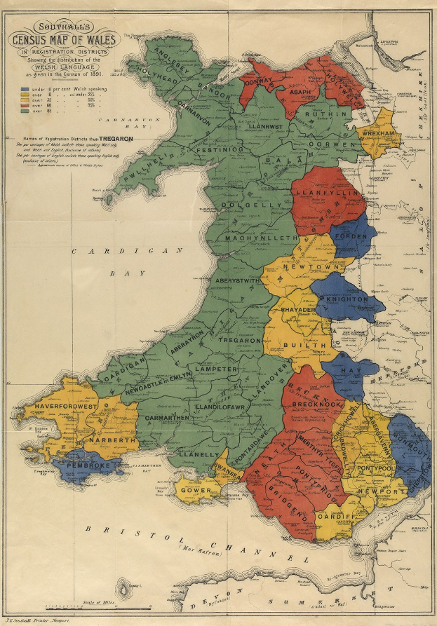 A poster map of Wales and England with counties highlighted in different colors, accompanied by text detailing county names and boundaries.