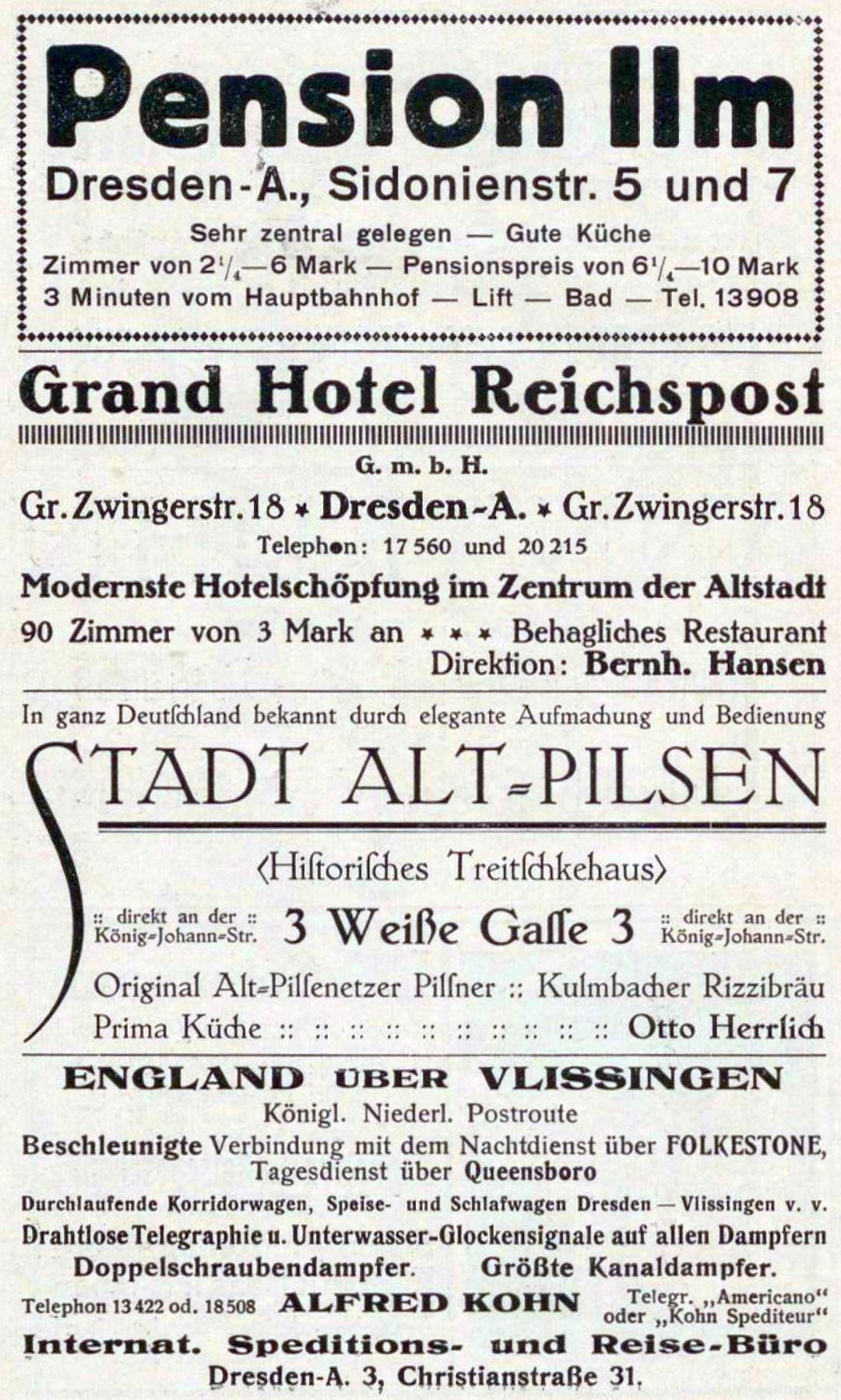Black and white newspaper advertisement for the Pension Inn in Dresden, Germany.