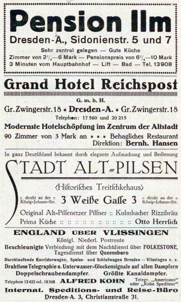 Black and white newspaper advertisement for the Pension Inn in Dresden, Germany.