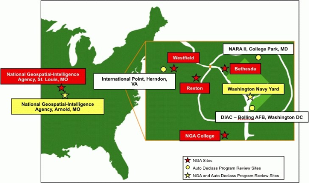 A detailed map of the United States highlighting National Geospatial Intelligence Agency locations with bold text, showing geographical features like rivers, mountains, and cities.