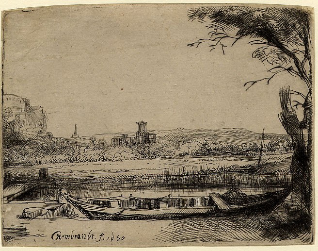 A drawing of a boat on a river with a castle in the background, surrounded by trees and a sky, signed "Rembrandt Harmensz van Rijn" at the bottom.