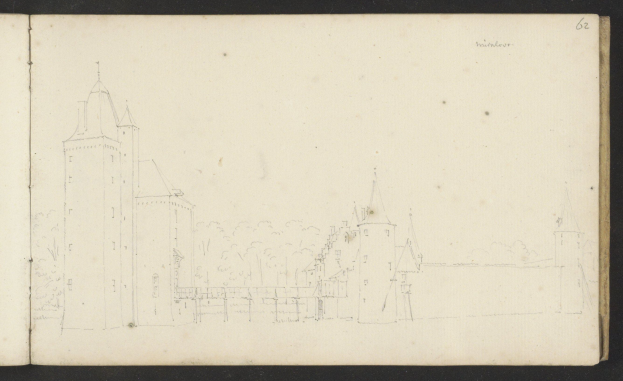 Open book titled "Johannes Vermeulen's sketch of the city of Heidelberg, Germany" featuring a castle drawing surrounded by trees, part of the National Gallery of Victoria and Albert Museum collection.