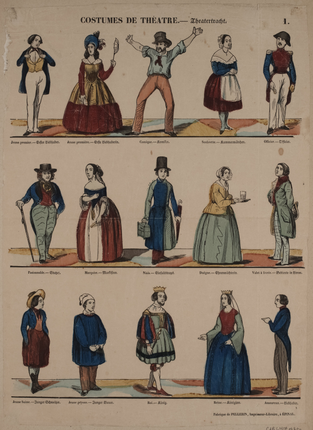 Ein Blatt mit Bildern von Menschen in buntfarbenen, detaillierten Kostümen aus dem 17. Jahrhundert, einschließlich Kleidern, Hüten und Capes, mit fettgedrucktem Text, der die Kleidung beschreibt.