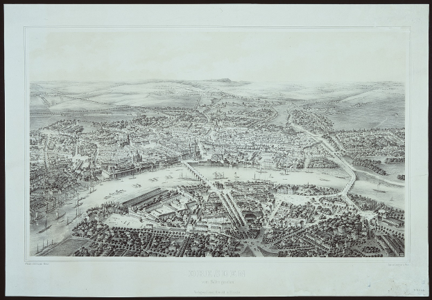 Luftaufnahme in Schwarz-Weiß von Dresden, Deutschland, mit schwarzem Rand und Text unten.