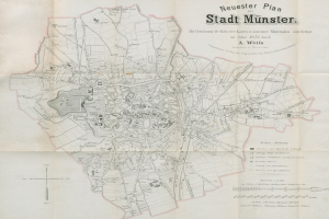 Black and white map of Stadt Münster, Germany from 1873, showing detailed streets and text labels.