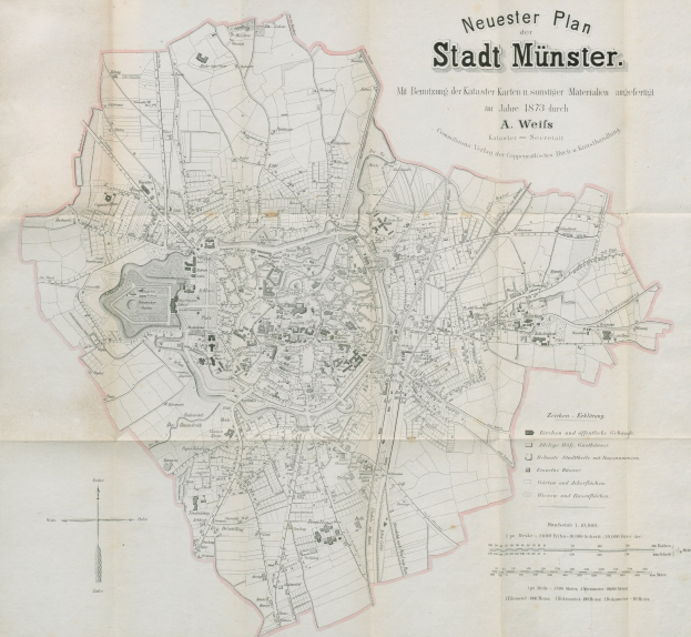 Black and white map of Stadt Münster, Germany from 1873, showing detailed streets and text labels.
