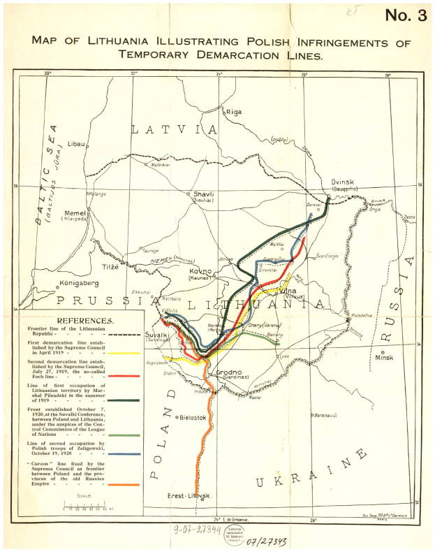 Ein Plakat mit einer detaillierten Karte von Litauen, die polnische Verletzungen der temporären Demarkationslinien hervorhebt, mit beschrifteten Städten, Dörfern und geografischen Merkmalen.