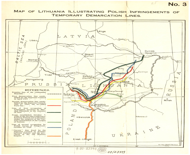 Ein Plakat mit einer detaillierten Karte von Litauen, die polnische Verletzungen der temporären Demarkationslinien hervorhebt, mit beschrifteten Städten, Dörfern und geografischen Merkmalen.